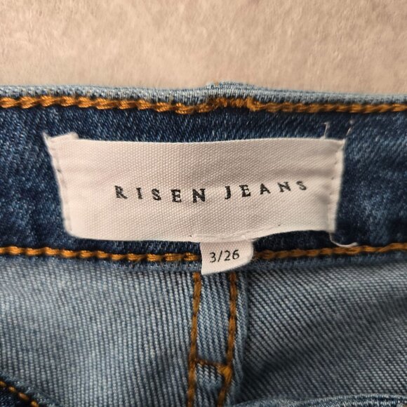 Risen Embellsied Flare Jeans High Waisted Dark Blue Wash Stretch Denim Size 26 - Picture 8 of 12